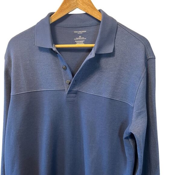 MENS VAN HUESEN Flex Blue Pullover Collared Long Sleeve Polo Shirt M - Picture 2 of 7